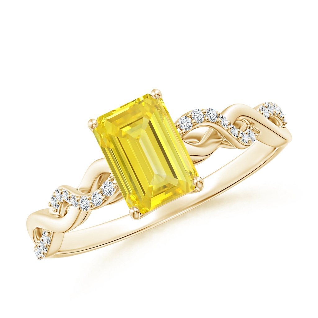 7x5mm AAAA Emerald-Cut Solitaire Fancy Intense Yellow Diamond Infinity Twist Ring in Yellow Gold