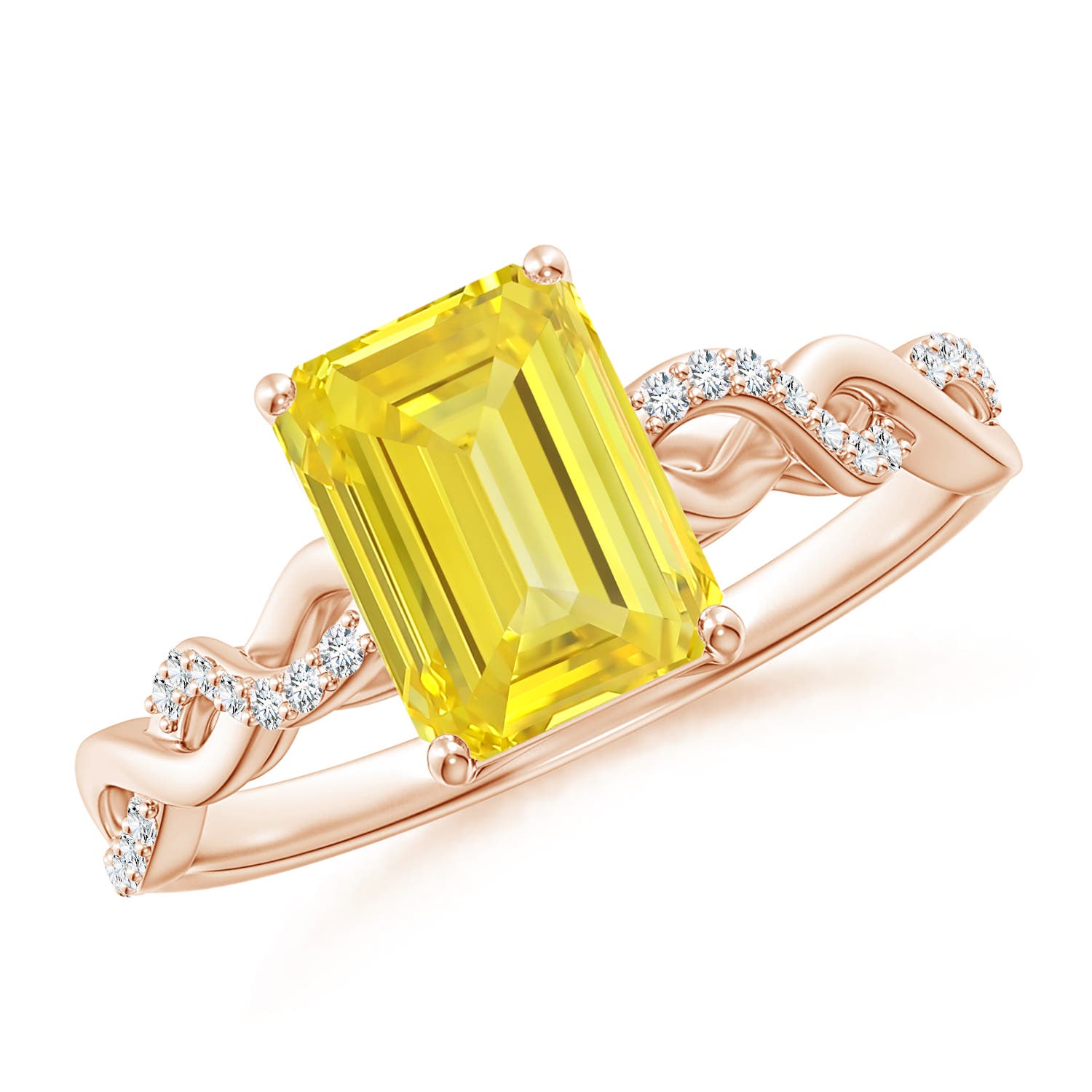 Angara 2.03 CTW Emerald-Cut Solitaire Fancy Intense Yellow Diamond Infinity Twist Engagement Ring in 14K Rose Gold