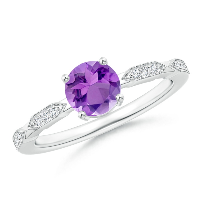 6mm AA Classic Round Amethyst Solitaire Ring with Diamond Accents in White Gold 
