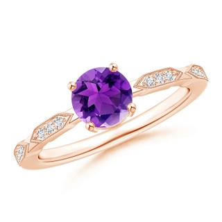 6mm AAA Classic Round Amethyst Solitaire Ring with Diamond Accents in Rose Gold