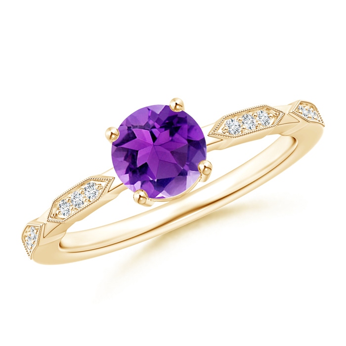 6mm AAA Classic Round Amethyst Solitaire Ring with Diamond Accents in Yellow Gold 