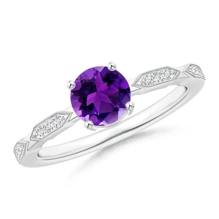 6mm AAAA Classic Round Amethyst Solitaire Ring with Diamond Accents in S999 Silver