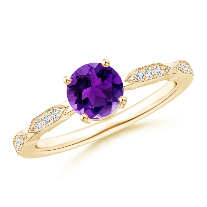 6mm AAAA Classic Round Amethyst Solitaire Ring with Diamond Accents in Yellow Gold 