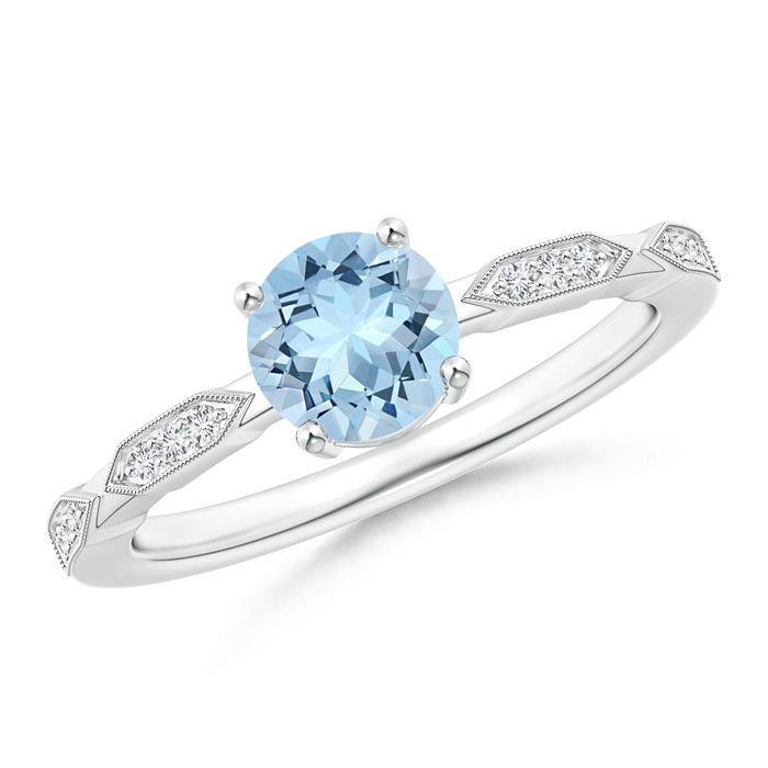 6mm AAA Classic Round Aquamarine Solitaire Ring with Diamond Accents in White Gold