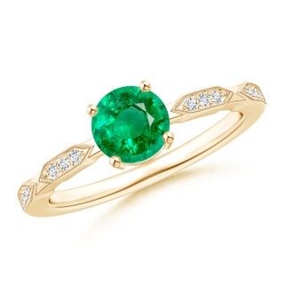 6mm AAA Classic Round Emerald Solitaire Ring with Diamond Accents in Yellow Gold