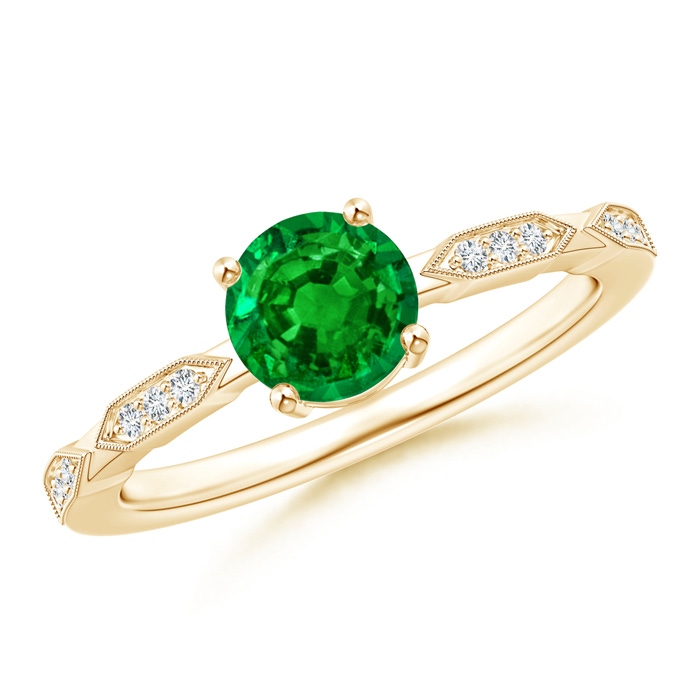6mm AAAA Classic Round Emerald Solitaire Ring with Diamond Accents in Yellow Gold