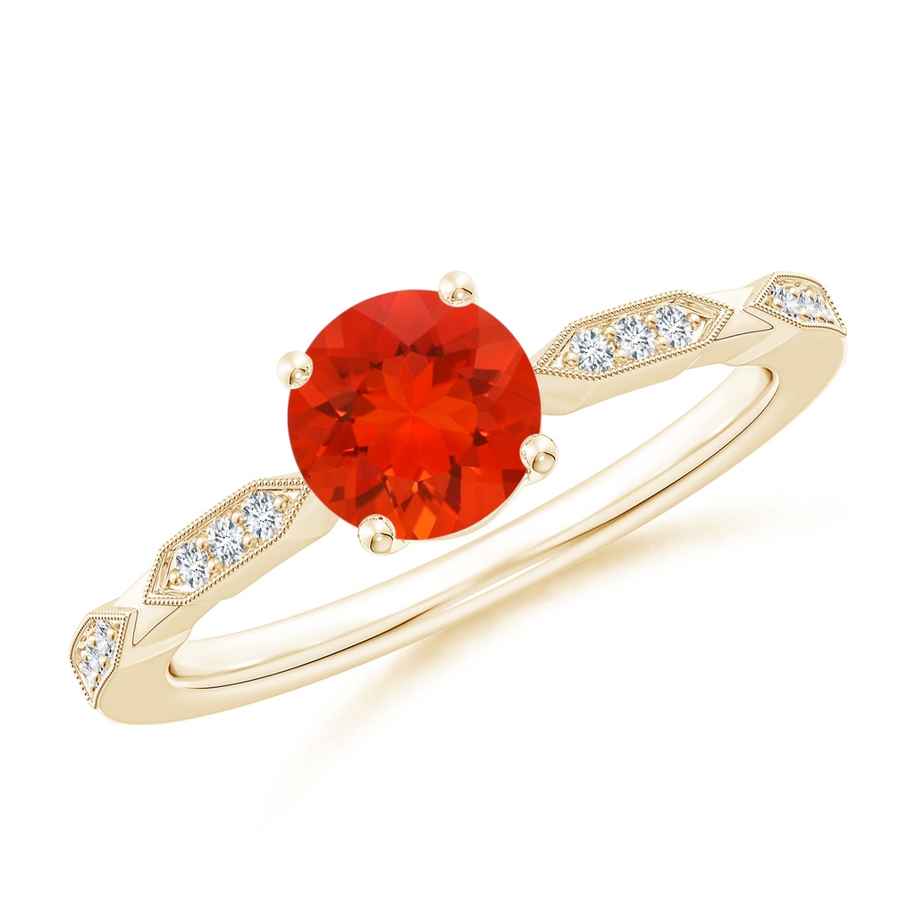 6mm AAAA Classic Round Fire Opal Solitaire Ring with Diamond Accents in Yellow Gold