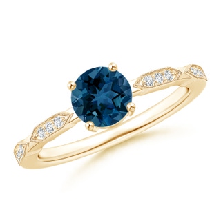 6mm AAA Classic Round London Blue Topaz Solitaire Ring with Diamonds in Yellow Gold