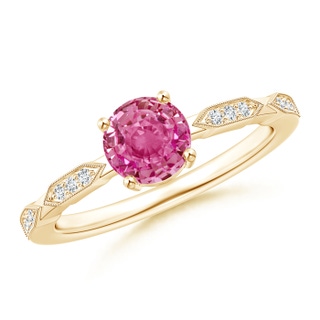 6mm AAA Classic Round Pink Sapphire Solitaire Ring with Diamonds in Yellow Gold