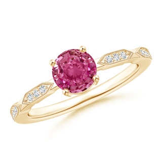 6mm AAAA Classic Round Pink Sapphire Solitaire Ring with Diamonds in Yellow Gold