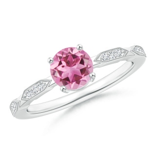 6mm AAA Classic Round Pink Tourmaline Solitaire Ring with Diamonds in White Gold