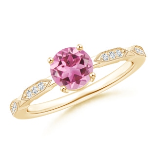6mm AAA Classic Round Pink Tourmaline Solitaire Ring with Diamonds in Yellow Gold