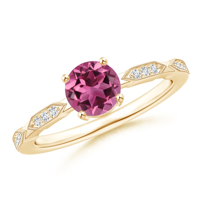 6mm AAAA Classic Round Pink Tourmaline Solitaire Ring with Diamonds in Yellow Gold 