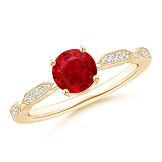 6mm AAA Classic Round Ruby Solitaire Ring with Diamond Accents in 9K Yellow Gold