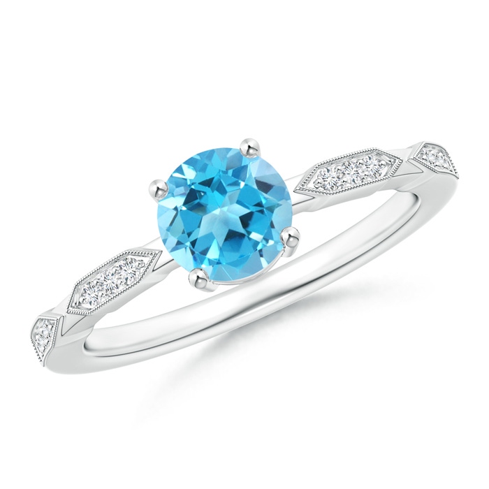 6mm AAA Classic Round Swiss Blue Topaz Solitaire Ring with Diamonds in White Gold 