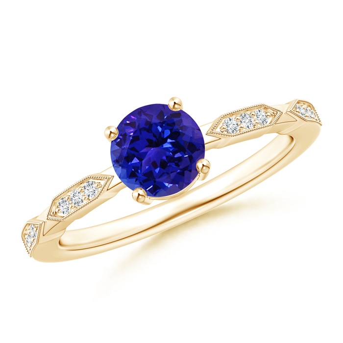 6mm AAAA Classic Round Tanzanite Solitaire Ring with Diamond Accents in Yellow Gold