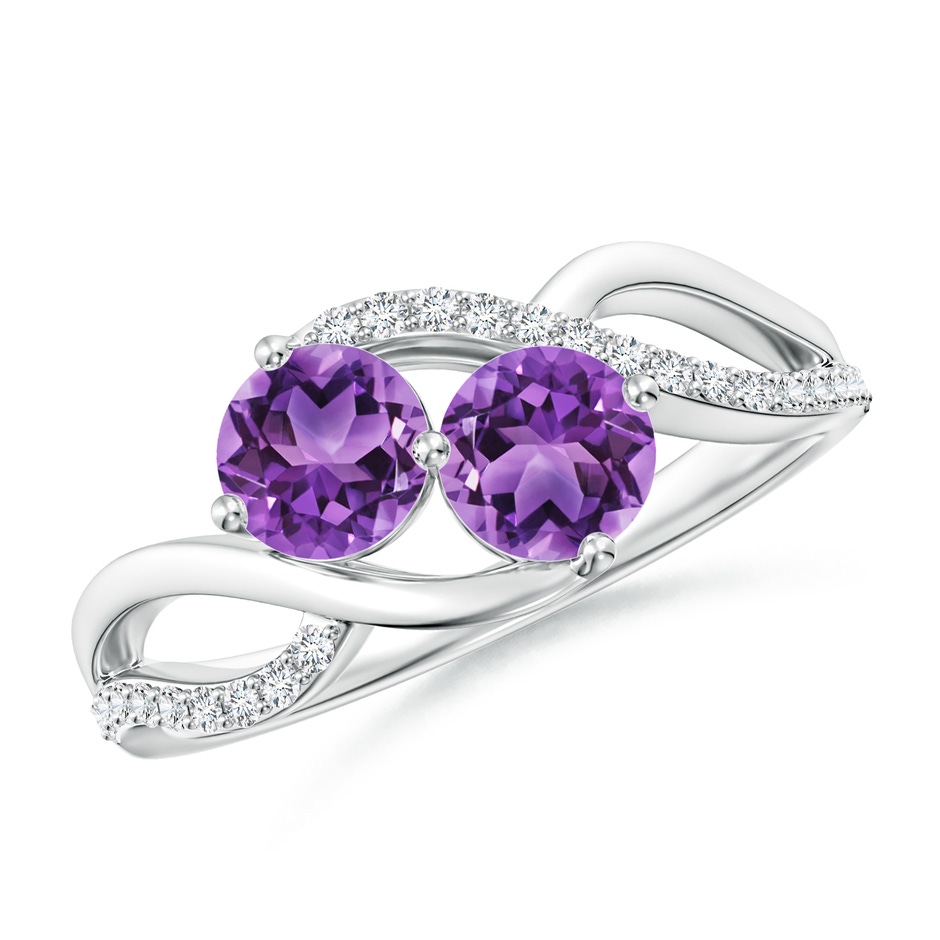 5mm AA Round Amethyst Two Stone Bypass Ring with Diamonds in White Gold 