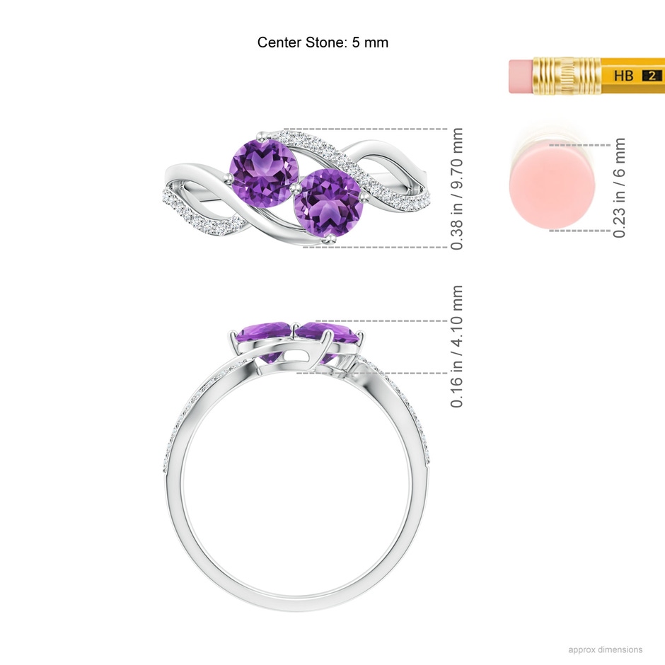 5mm AA Round Amethyst Two Stone Bypass Ring with Diamonds in White Gold ruler