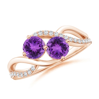 5mm AAA Round Amethyst Two Stone Bypass Ring with Diamonds in Rose Gold