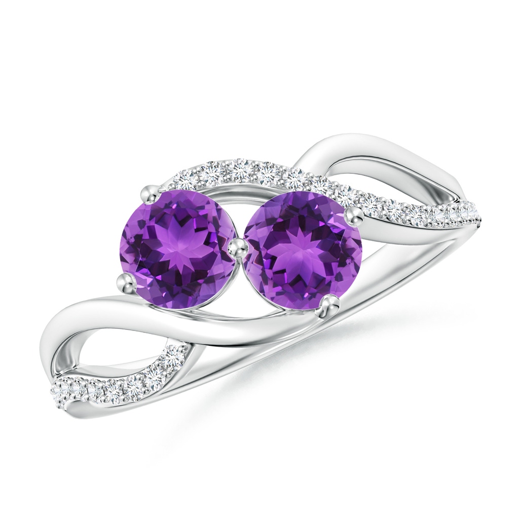 5mm AAA Round Amethyst Two Stone Bypass Ring with Diamonds in White Gold
