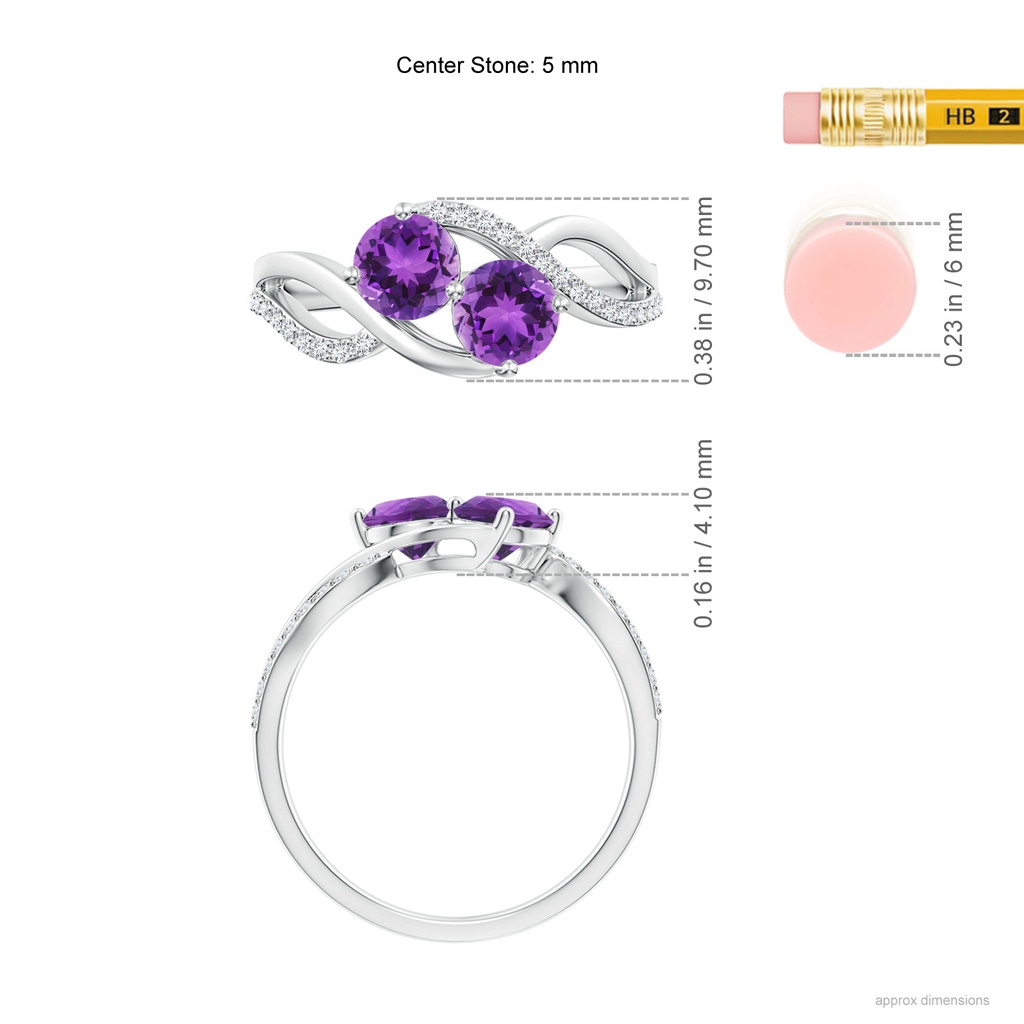 5mm AAA Round Amethyst Two Stone Bypass Ring with Diamonds in White Gold Ruler