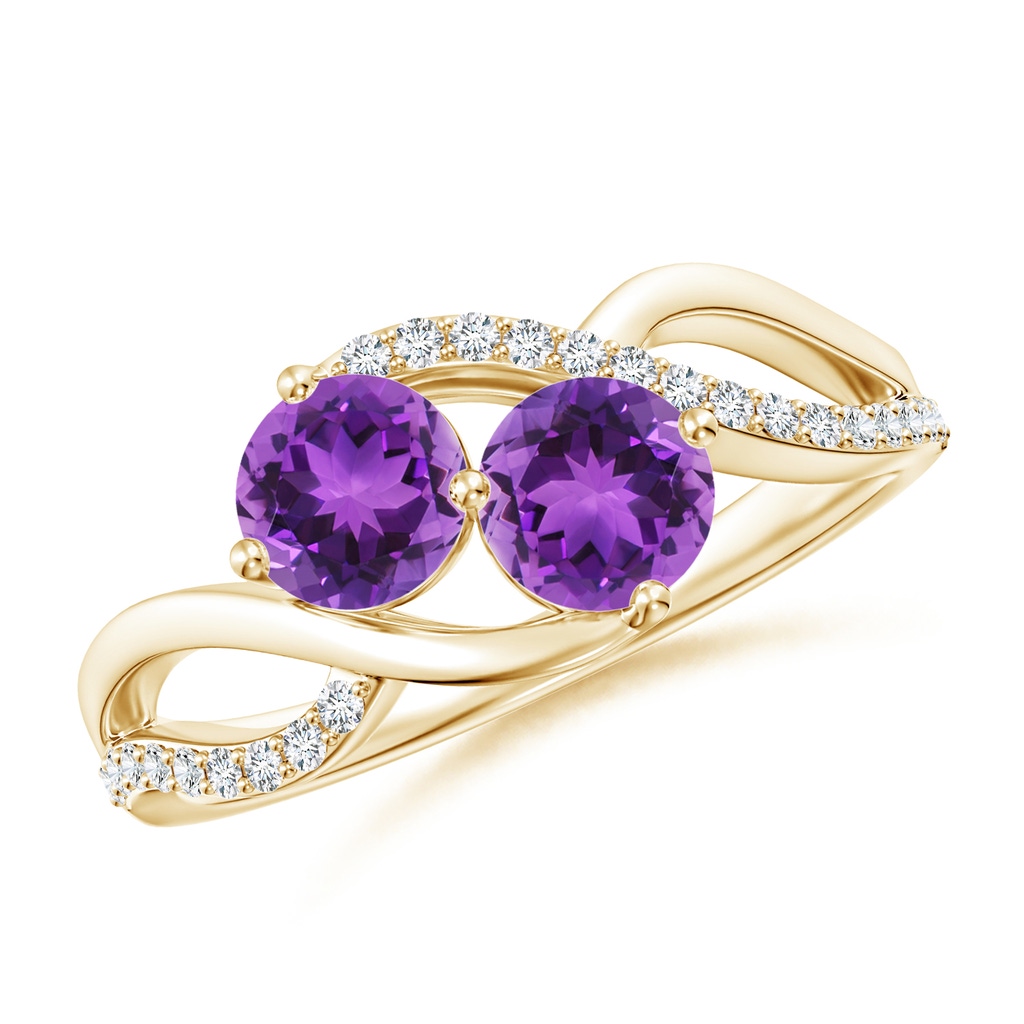 5mm AAA Round Amethyst Two Stone Bypass Ring with Diamonds in Yellow Gold