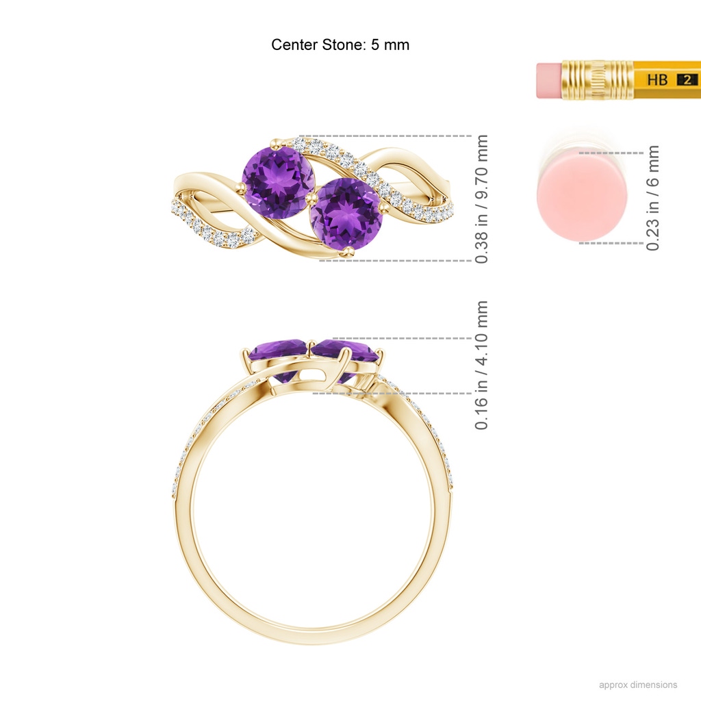 5mm AAA Round Amethyst Two Stone Bypass Ring with Diamonds in Yellow Gold Ruler