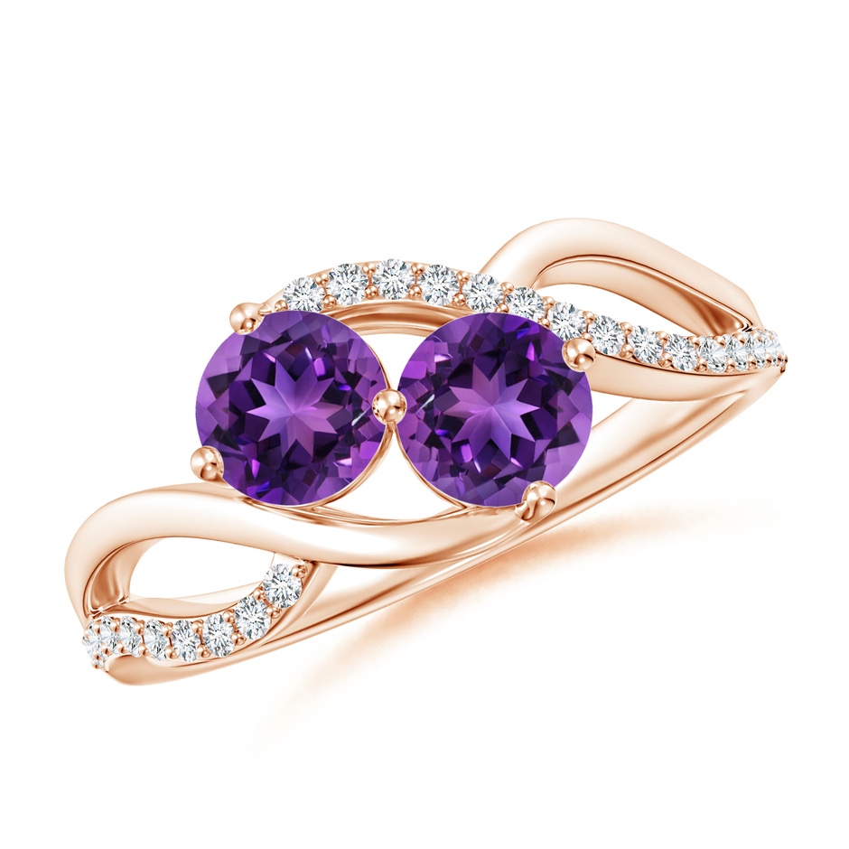5mm AAAA Round Amethyst Two Stone Bypass Ring with Diamonds in Rose Gold 