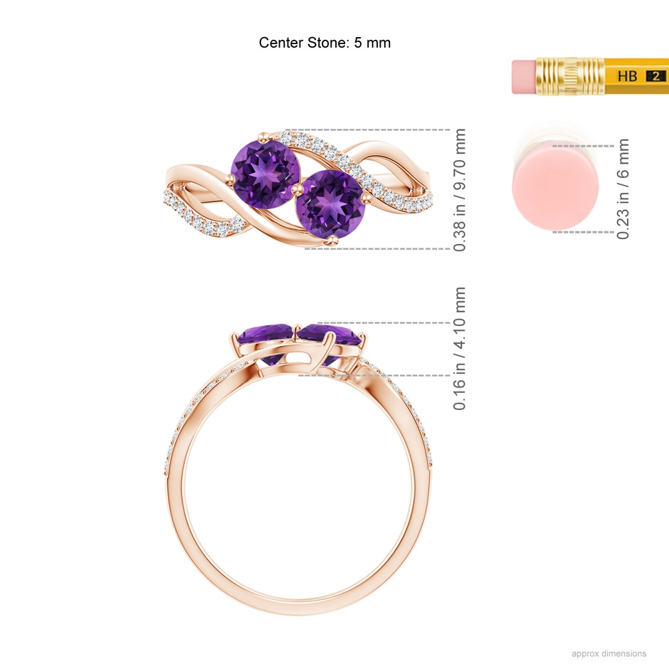 5mm AAAA Round Amethyst Two Stone Bypass Ring with Diamonds in Rose Gold ruler
