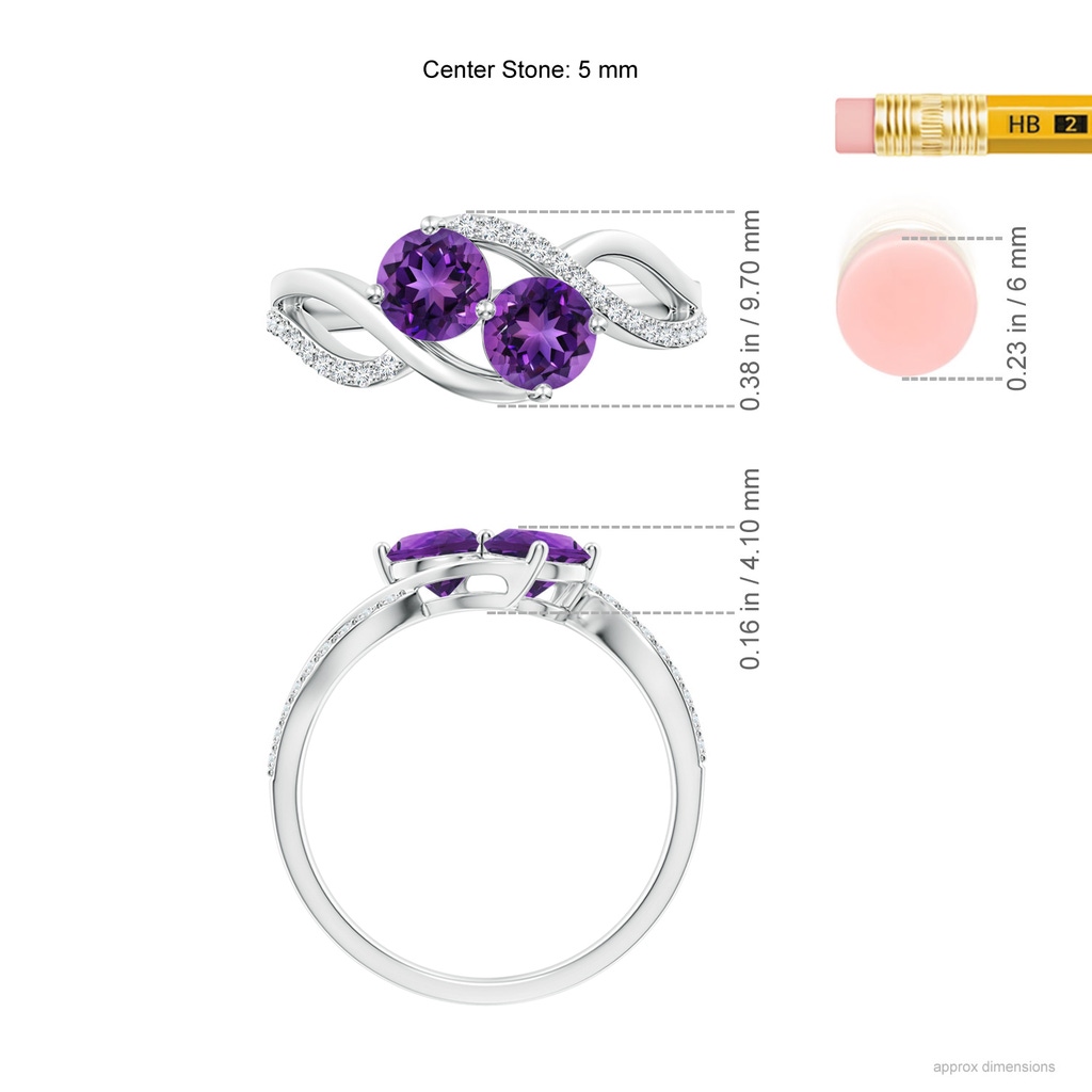 5mm AAAA Round Amethyst Two Stone Bypass Ring with Diamonds in S999 Silver Ruler