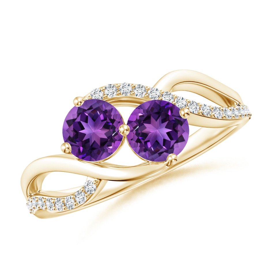 5mm AAAA Round Amethyst Two Stone Bypass Ring with Diamonds in Yellow Gold 
