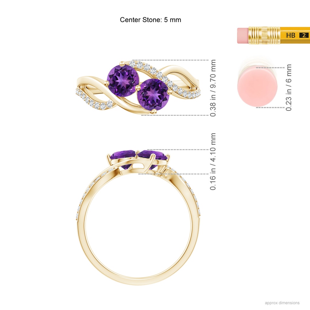 5mm AAAA Round Amethyst Two Stone Bypass Ring with Diamonds in Yellow Gold Ruler