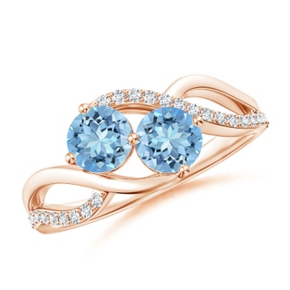 5mm AAAA Round Aquamarine Two Stone Bypass Ring with Diamonds in Rose Gold