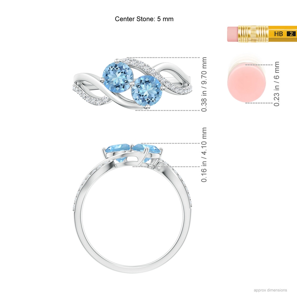 5mm AAAA Round Aquamarine Two Stone Bypass Ring with Diamonds in S999 Silver Ruler
