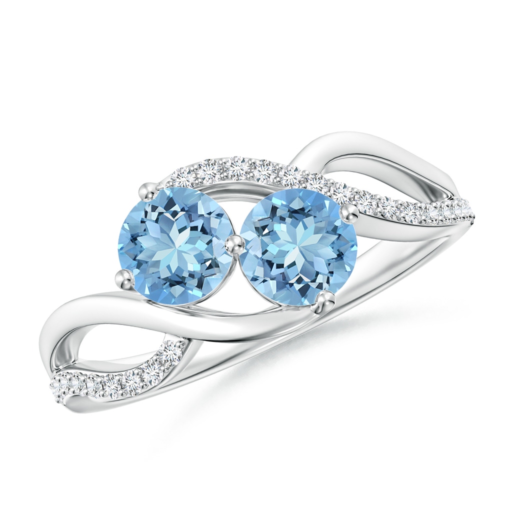 5mm AAAA Round Aquamarine Two Stone Bypass Ring with Diamonds in White Gold