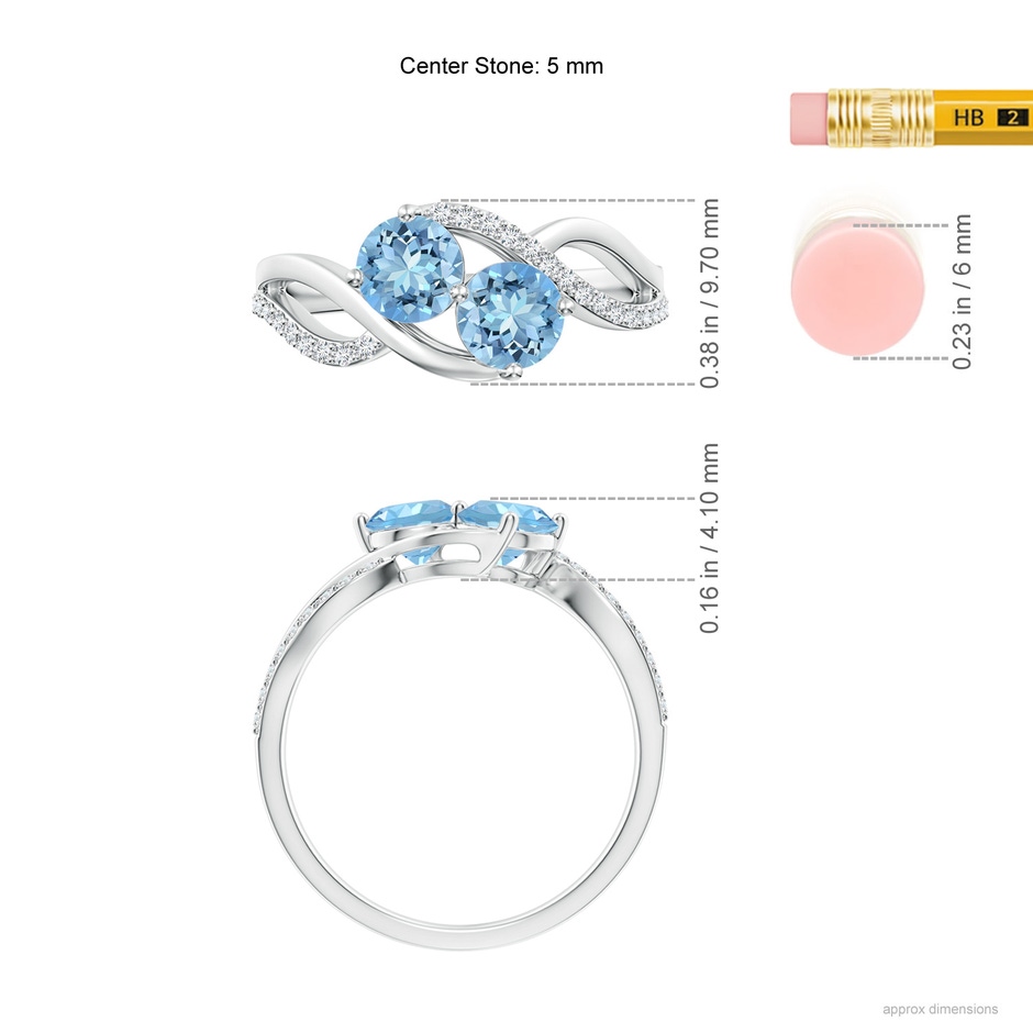 5mm AAAA Round Aquamarine Two Stone Bypass Ring with Diamonds in White Gold ruler