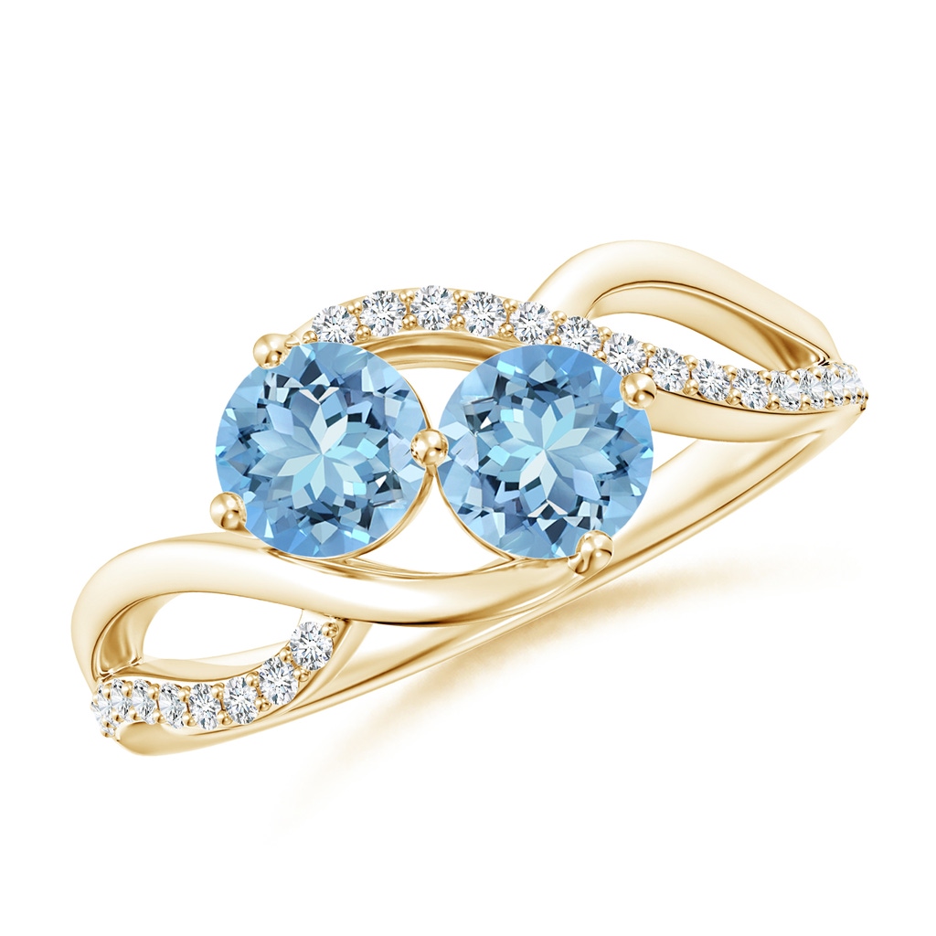 5mm AAAA Round Aquamarine Two Stone Bypass Ring with Diamonds in Yellow Gold