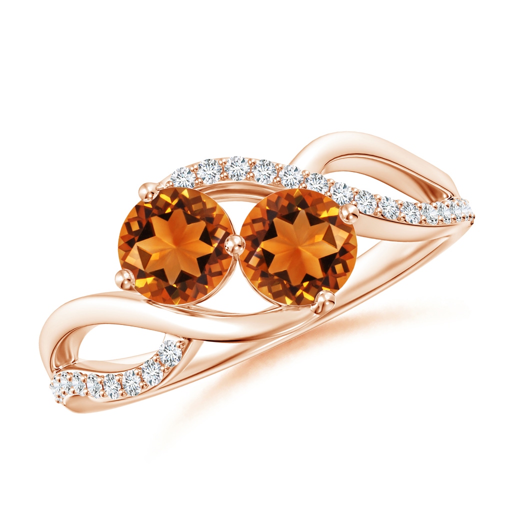 5mm AAAA Round Citrine Two Stone Bypass Ring with Diamonds in Rose Gold