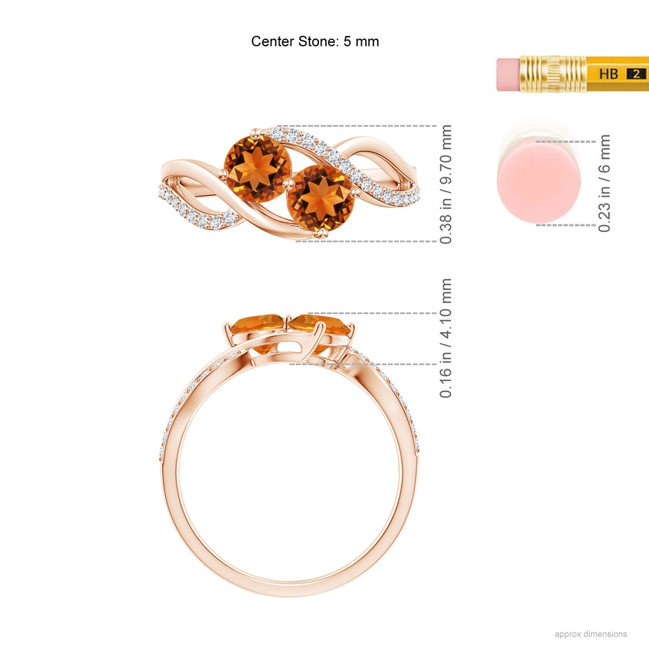 5mm AAAA Round Citrine Two Stone Bypass Ring with Diamonds in Rose Gold ruler