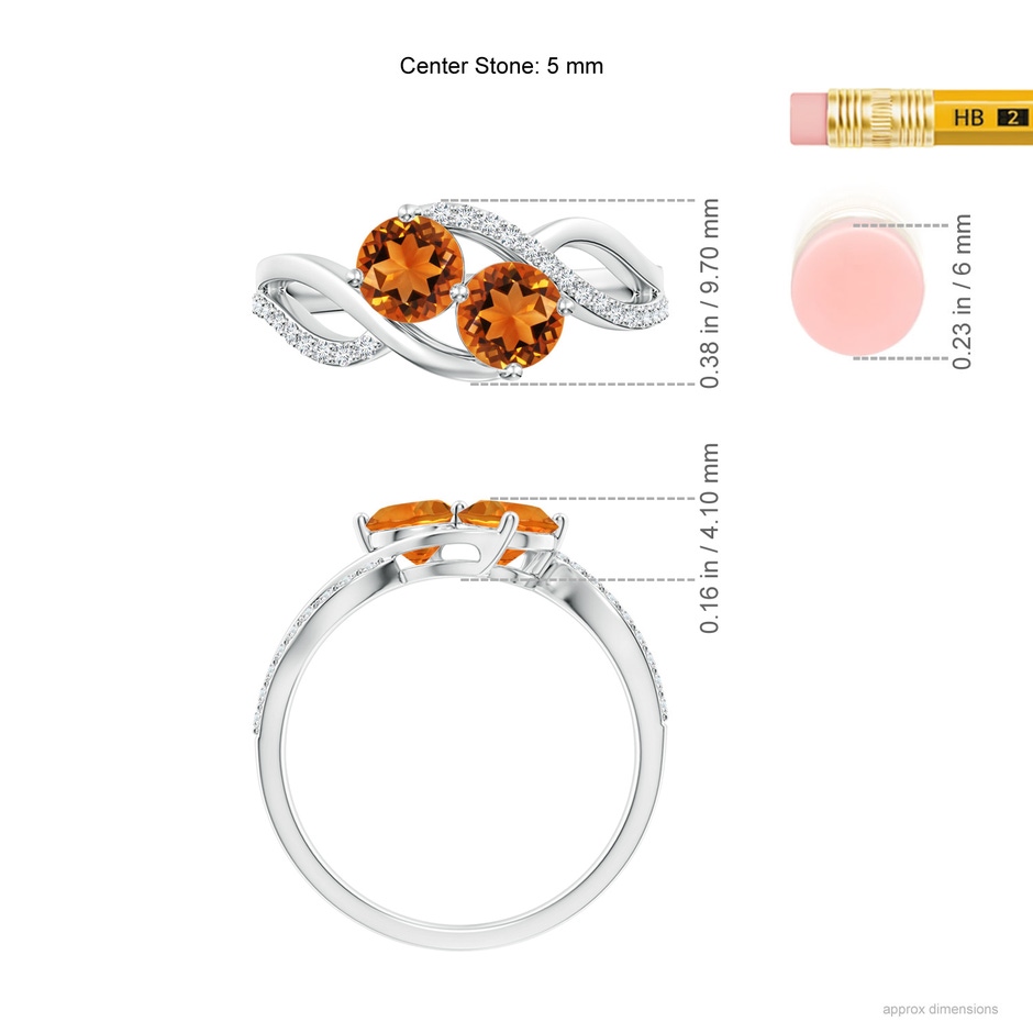 5mm AAAA Round Citrine Two Stone Bypass Ring with Diamonds in S999 Silver ruler