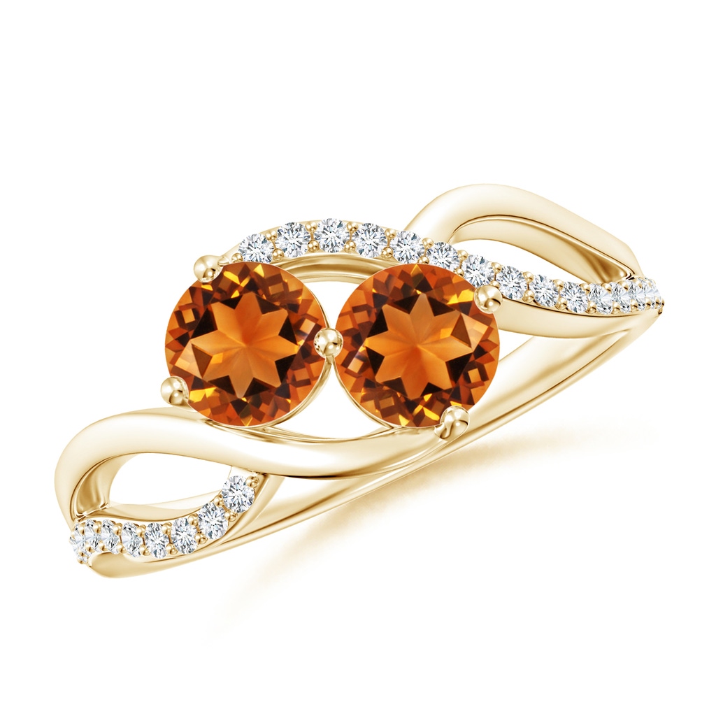 5mm AAAA Round Citrine Two Stone Bypass Ring with Diamonds in Yellow Gold