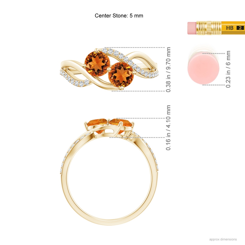 5mm AAAA Round Citrine Two Stone Bypass Ring with Diamonds in Yellow Gold Ruler