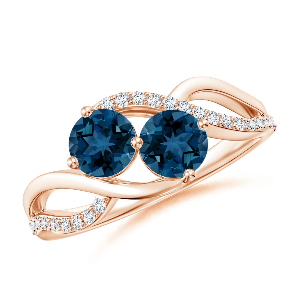 5mm AAA Round London Blue Topaz Two Stone Bypass Ring with Diamonds in Rose Gold