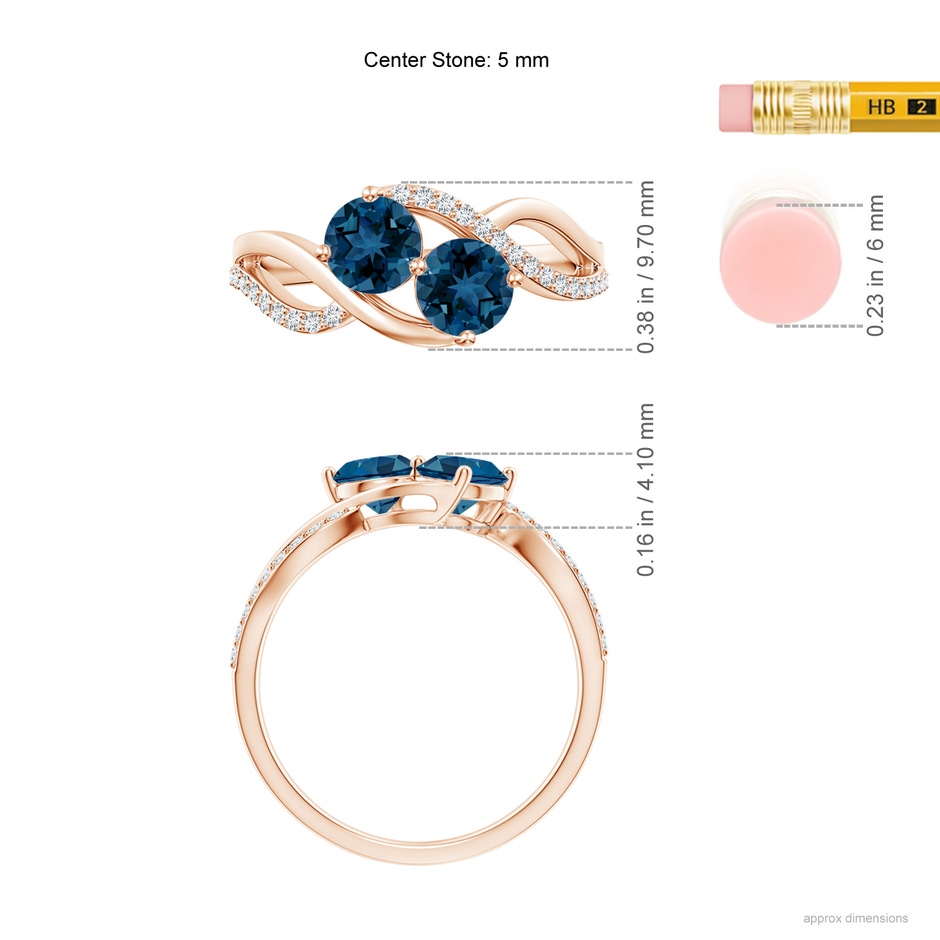 5mm AAA Round London Blue Topaz Two Stone Bypass Ring with Diamonds in Rose Gold ruler