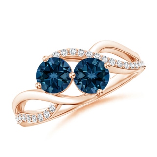 5mm AAAA Round London Blue Topaz Two Stone Bypass Ring with Diamonds in Rose Gold