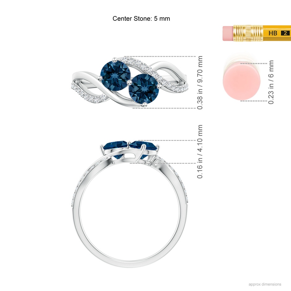 5mm AAAA Round London Blue Topaz Two Stone Bypass Ring with Diamonds in White Gold ruler