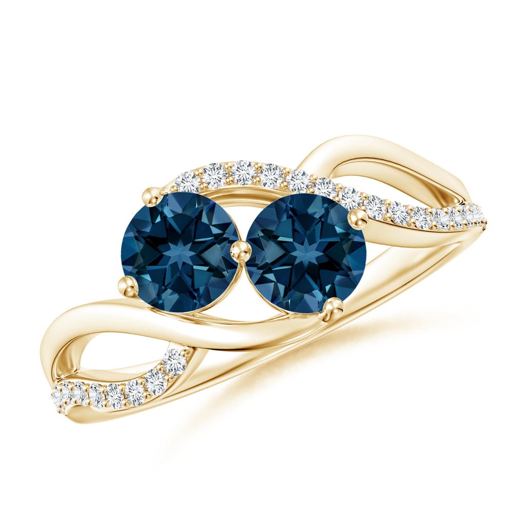 5mm AAAA Round London Blue Topaz Two Stone Bypass Ring with Diamonds in Yellow Gold