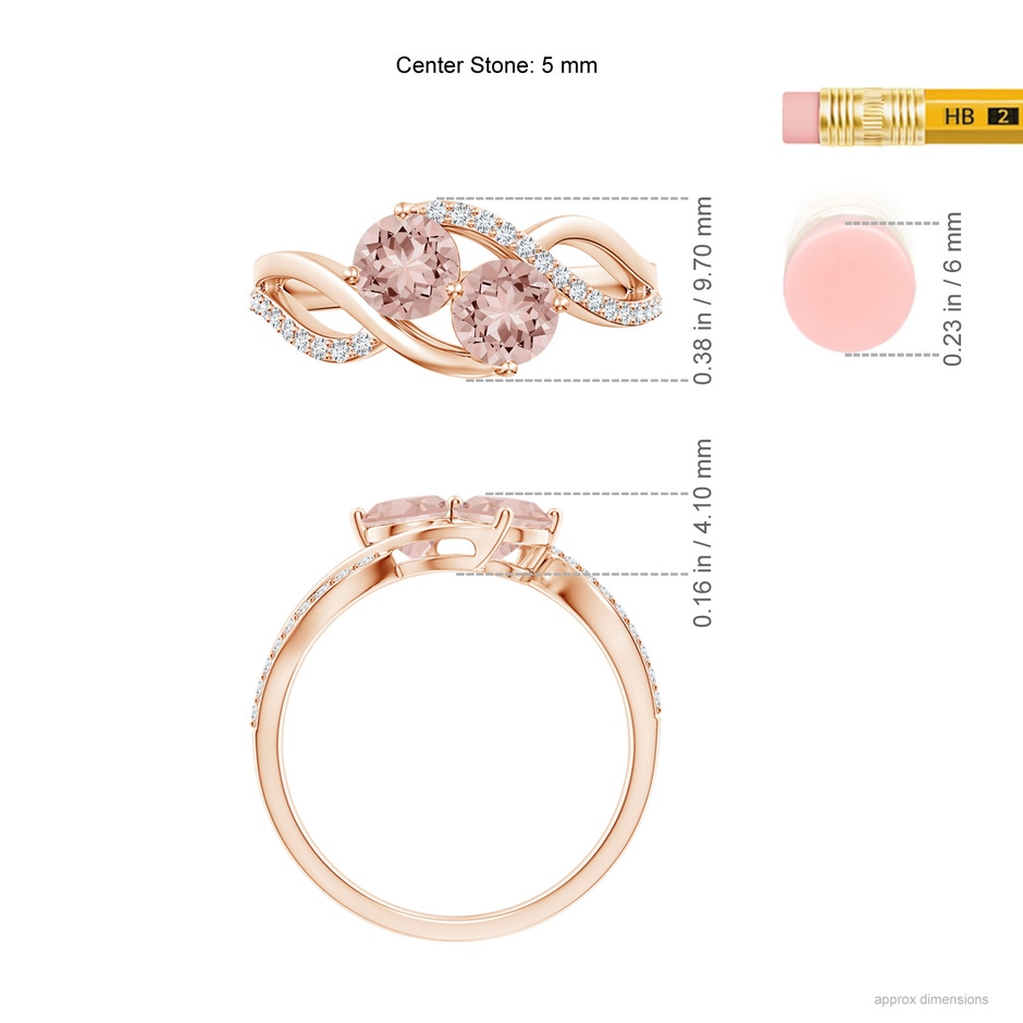 5mm AAAA Round Morganite Two Stone Bypass Ring with Diamonds in Rose Gold ruler