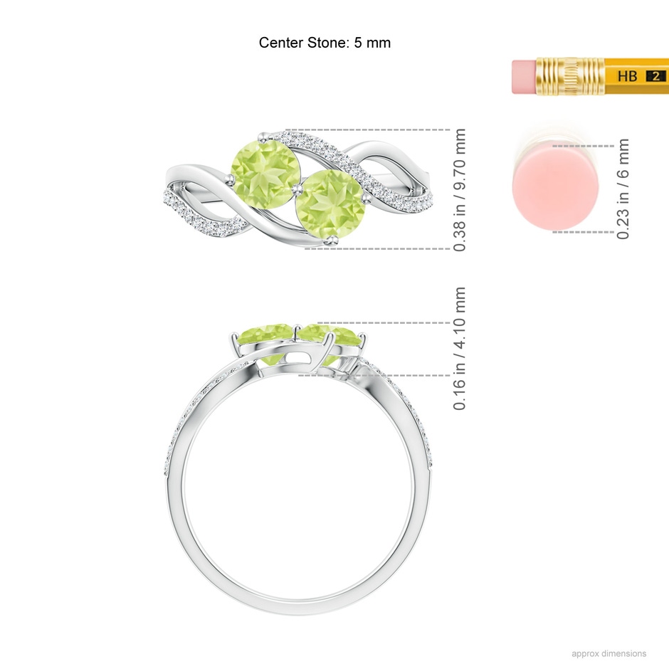 5mm A Round Peridot Two Stone Bypass Ring with Diamonds in S999 Silver ruler