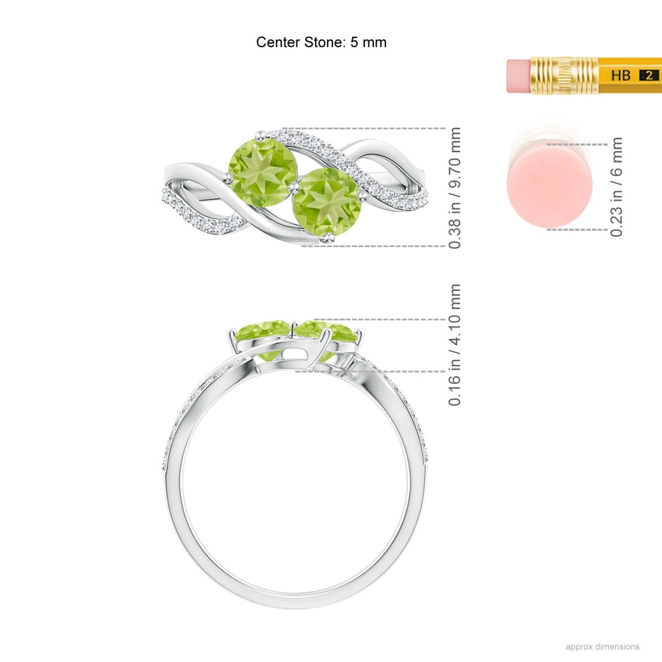 5mm AA Round Peridot Two Stone Bypass Ring with Diamonds in S999 Silver ruler